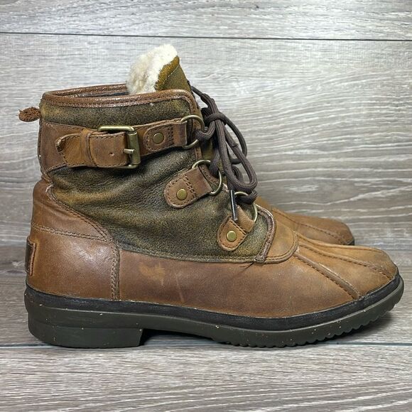 Ugg Cecile Brown Leather Lace Women’s Sz 8 Warm Shearling Waterproof Duck Boots - Picture 1 of 12